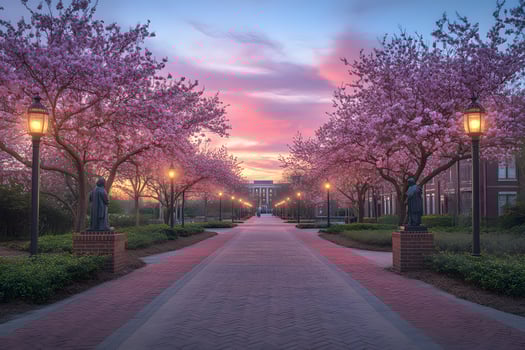 Pink Blossom Trees Line a Pathway at Sunset photo
