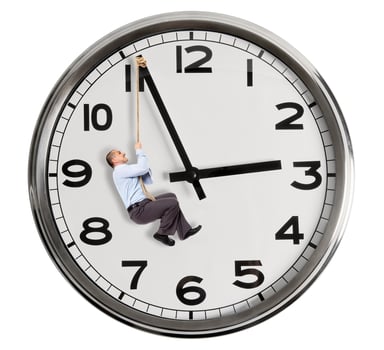 A man hanging from a clock with a rope photo