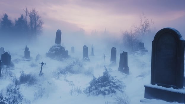 Cemetery Shrouded in Fog and Snow photo