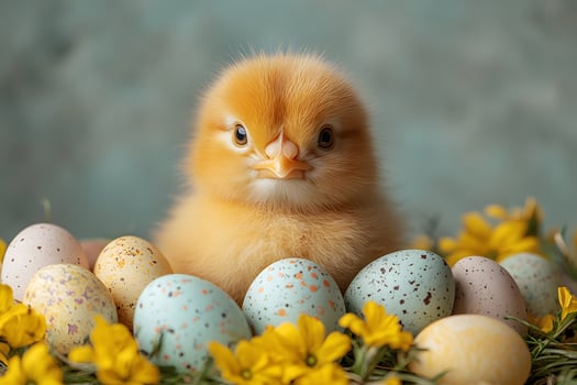 Easter Chick with Colorful Speckled Eggs and Yellow Flowers Perfect Spring Design for Cards and Posters photo