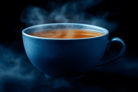 Steaming Hot Beverage in Blue Ceramic Cup on Dark Background photo