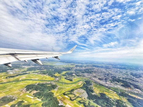 Airplane Wing Aerial View Serene Blue Sky Landscape Scenery photo