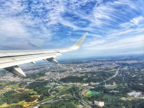 Airplane Wing Cityscape View Blue Sky Aerial Flight Landscape photo