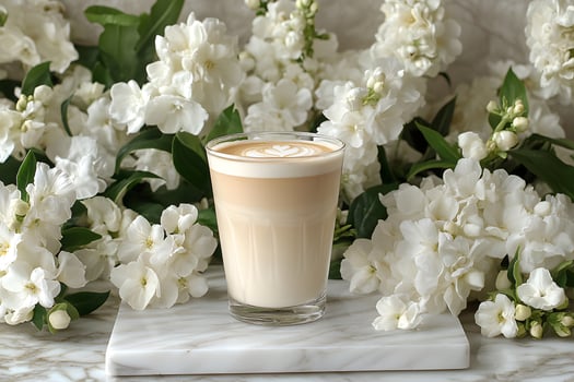 Elegant Latte Amidst Jasmine Blossoms for Perfect Morning Serenity and Aesthetic Decor photo
