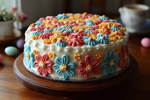 Floral-Themed Decorated Cake on Wooden Stand for Spring Celebrations photo