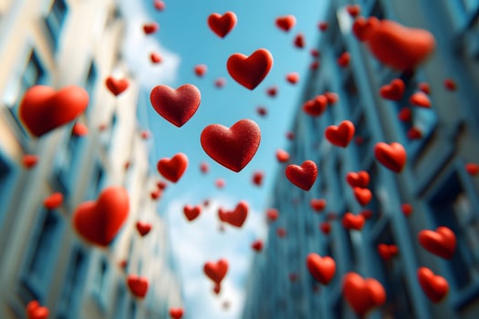 Romantic Heart-Shaped Balloons Floating Through Urban Street for Valentine's Day photo