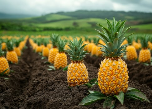 A field of pineapple plants with a few of them in the foreground. Scene is peaceful and serene, with the lush green hills in the background photo