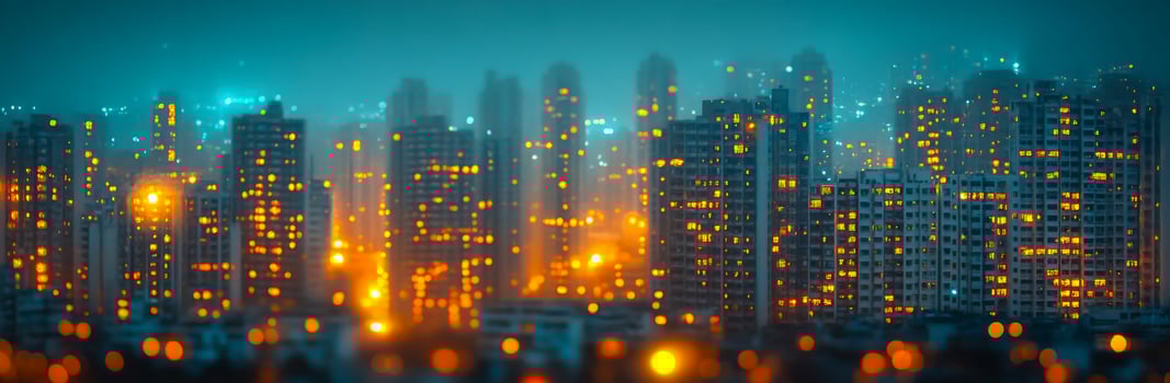 A city skyline at night with many lights on. The city is lit up and the lights are bright photo