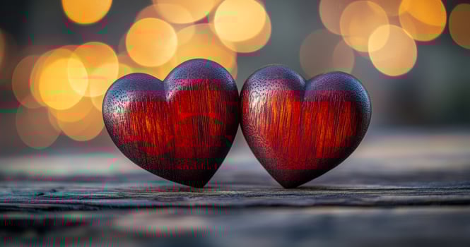 Two hearts are placed on a wooden surface, one of which is slightly larger than the other. Concept of love and affection, as the hearts are positioned close together photo