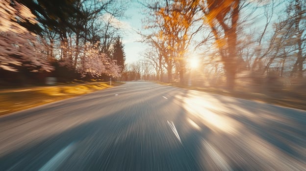 Driving through a sunlit road lined with trees photo