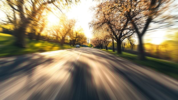 A Car Drives Quickly Down A Tree Lined Road photo