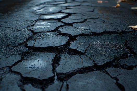 Cracked Asphalt Surface with Autumn Leaves - Urban Decay Concept for Background or Texture Use photo