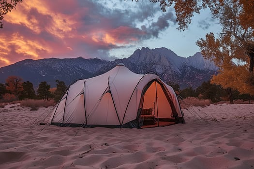 A camping tent in the desert with a vibrant sunset and majestic mountains on the horizon. Perfect for adventure and natural landscapes photo