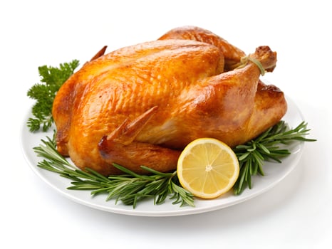 roasted turkey on white plate with lemon and rosemary photo