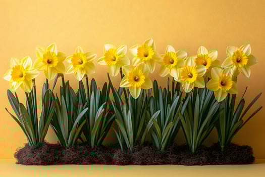 Vibrant Yellow Daffodils in Bloom Against a Bright Yellow Background for Spring Decor photo