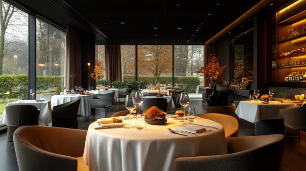 Elegant fine dining restaurant with scenic outdoor view and luxurious ambiance photo