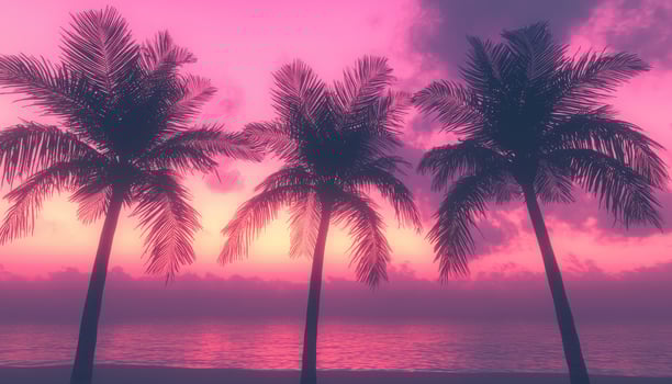 Pink Sunset Paradise Three Palm Trees Ocean Beach photo