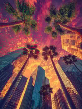 Palm Trees Enveloping Modern Cityscape at Sunset photo