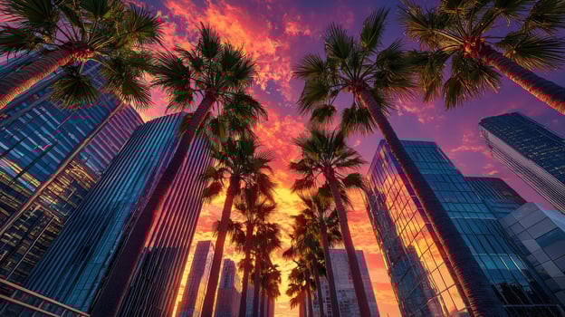 Palm Trees Frame Cityscape at Sunset photo
