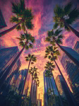 Palm Trees Surround Skyscrapers at Sunset photo