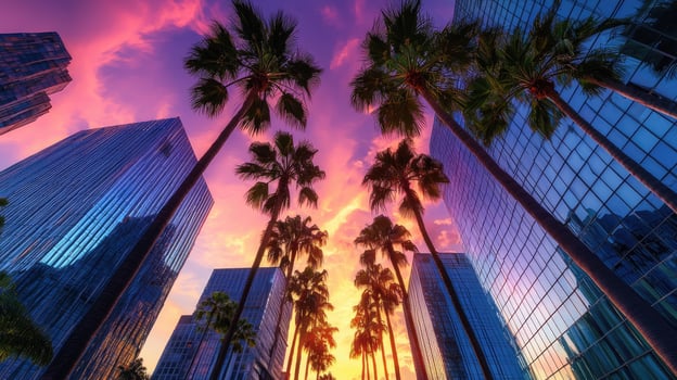 Cityscape Sunset Palm Trees Skyscrapers Urban Scene photo