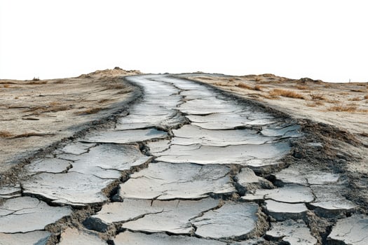 Arid cracked earth pathway in desert landscape under clear sky horizon photo