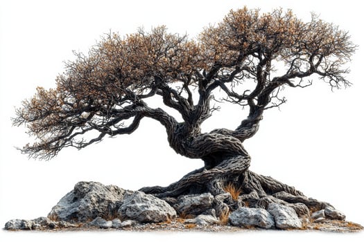 Ancient twisted tree with weathered trunk and gnarled branches in rocky terrain photo