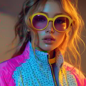 Fashionable woman in trendy yellow sunglasses and polka dot jacket with retro style photo