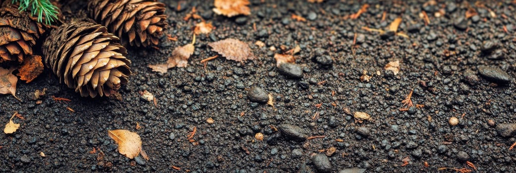 Pine cones on forest ground with earthy soil and fallen leaves in autumn photo