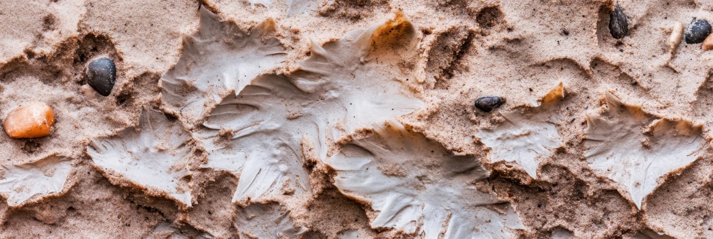 Close-up of fossilized leaves in sandy terrain showing geological patterns photo