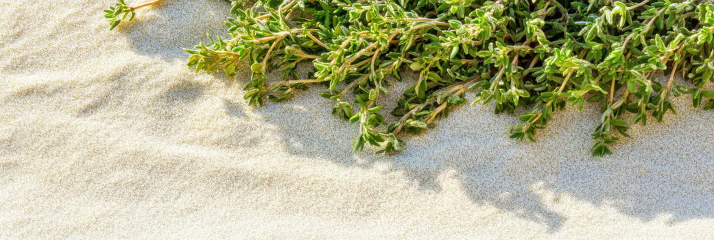 Green plants growing on sandy surface with shadow on sunny day photo