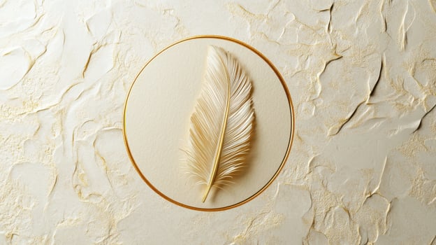 Elegant feather on textured beige surface with gold circular frame concept photo