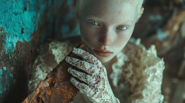 Portrait of a female with lace gloves holding rusty metal and textured background photo