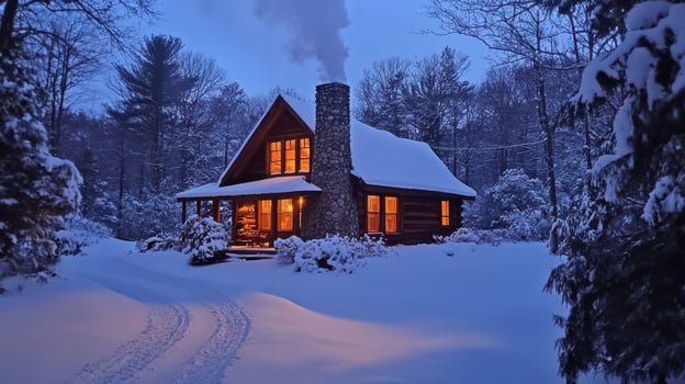 Cozy winter cabin in snowy forest with warm glowing windows and stone chimney photo