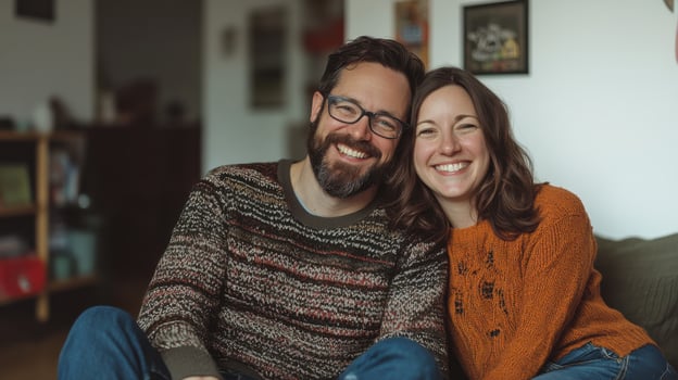 Happy couple smiling together at home in cozy living room settings photo