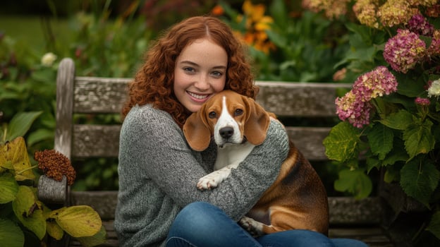 Smiling woman embracing beagle on wooden bench in garden setting photo