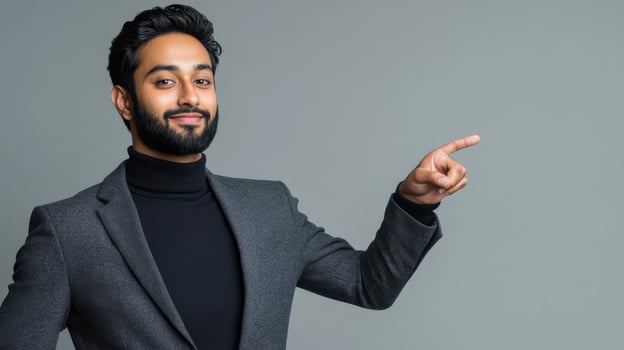 Confident young man in grey suit pointing at copy space on neutral background photo