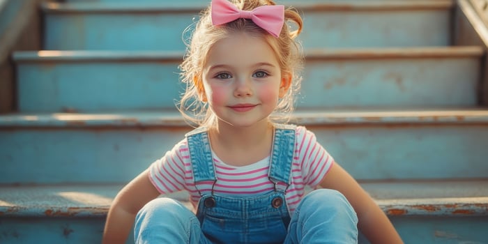 Adorable young girl with pink bow sitting on outdoor steps in denim overalls photo