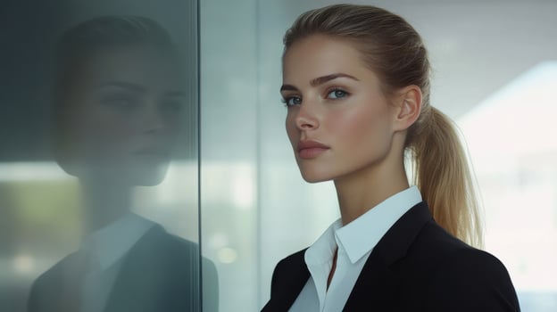 Confident businesswoman with blonde hair in professional setting looking forward photo
