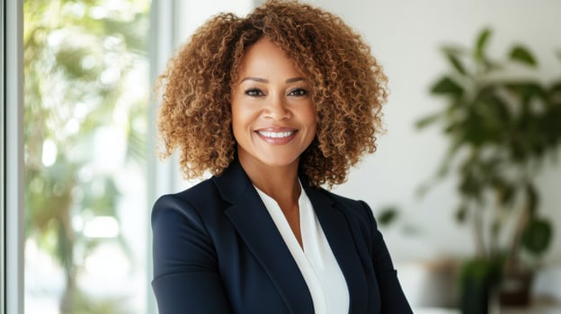 Confident professional african american businesswoman in office with bright smile photo