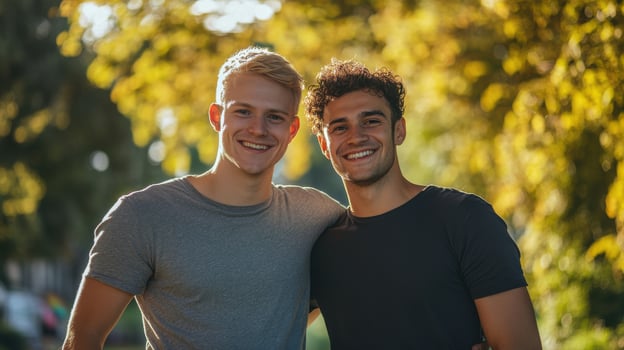 Two young men smiling outdoors in sunlit park during autumn day photo