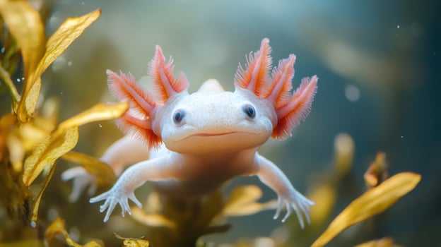 White axolotl with pink gills swimming underwater near seaweed photo