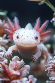 Pink axolotl is swimming underwater near colorful plants photo