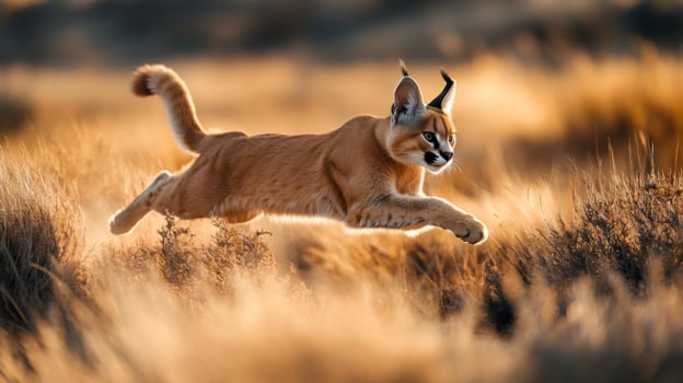 Caracal jumping over bushes in the african savanna at sunset photo