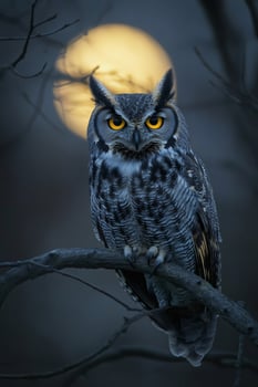 Great horned owl perching on branch at night with moon photo