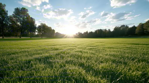 A large, open field of grass with a bright sun shining down on it. The sky is clear and blue, and there are no clouds in sight. The grass is lush and green photo