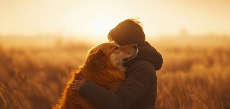 A young boy holds his golden retriever close in a field at sunset. The warm light creates a serene atmosphere, highlighting their strong connection amidst tall grass. photo