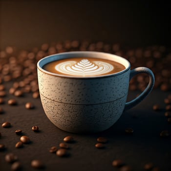 The cup of hot chocolate or coffee in white ceramic cup with latte art. Ideas for cozy winter settings, coffee shop themes, or lifestyle. photo