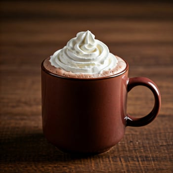 The cup of hot chocolate or coffee in rich mocha-toned mug with a smooth, whipped cream topping. Ideas for cozy winter settings, coffee shop themes, or lifestyle. photo