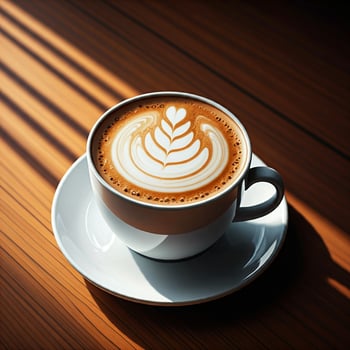 The cup of hot chocolate or coffee in White ceramic cup with a smooth, whipped cream foam. Ideas for cozy winter settings, coffee shop themes, or lifestyle. Top view photo